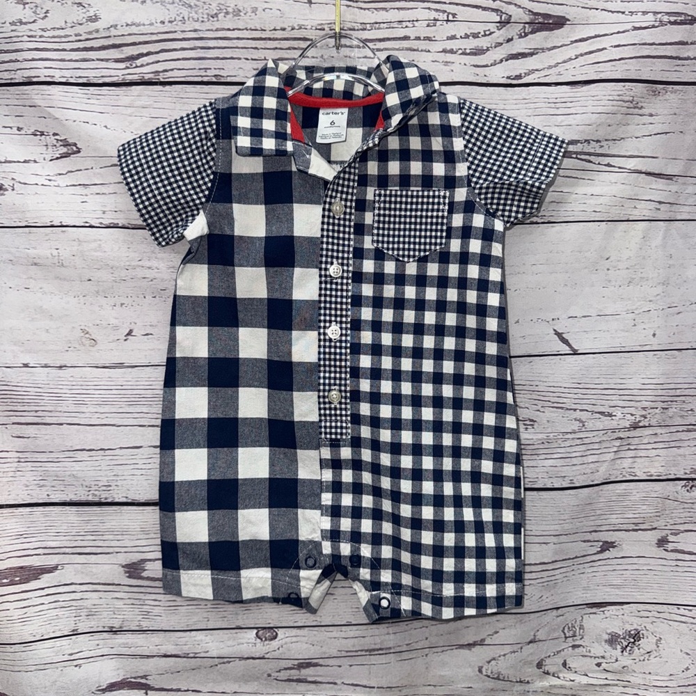 Carter's Blue & White Button Down Romper with Patchwork Design Size 6 Months